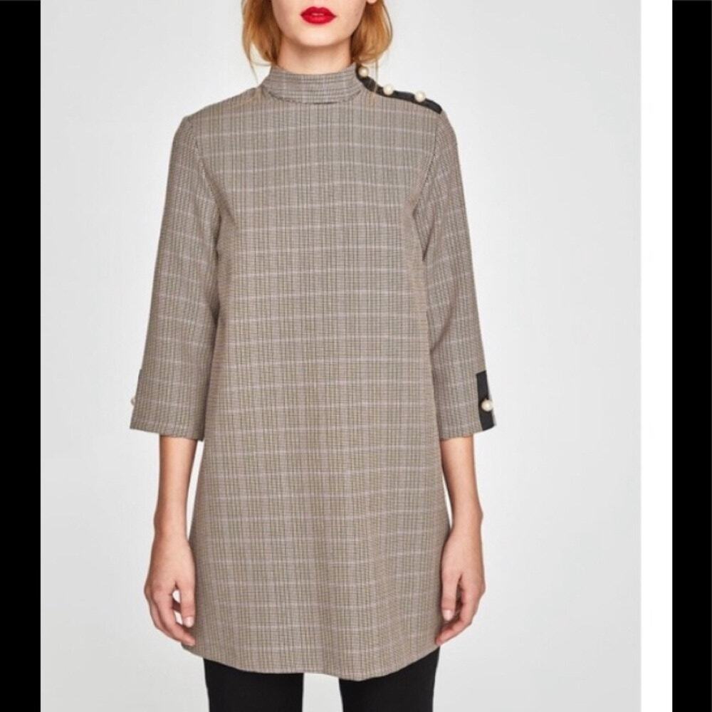 Zara Dress Check Houndstooth Pearl Mod 60s Jackie O Retro Brown Black Size M